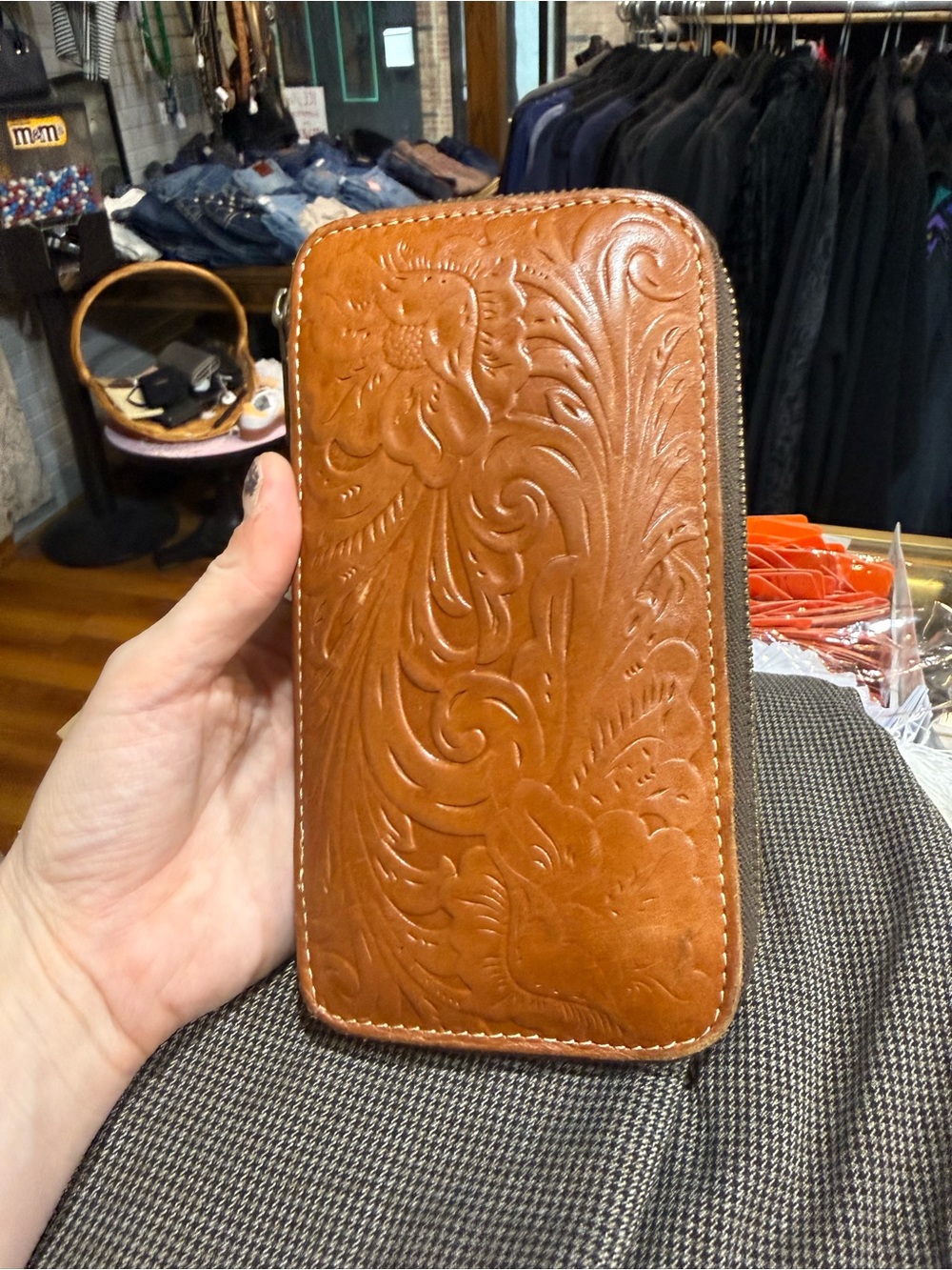 Patricia Nash Oria brown tooled leather zip wallet